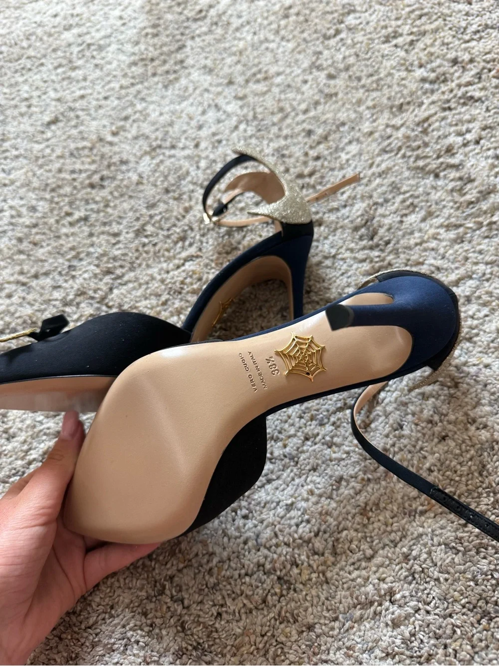 Charlotte Olympia Black Pointed-Toe Ankle-Strap Heels with Gold Star Accents